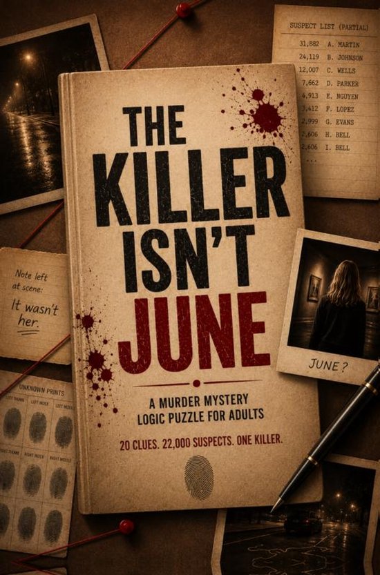 Boekomslag 'The Killer Isn't June' met bloedspatten, een verdachtenlijst, vingerafdrukken en een foto met de tekst 'JUNE?'.