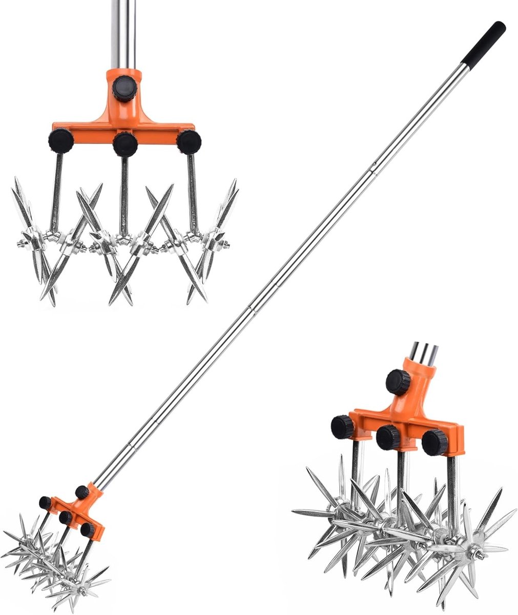Roterende tuincultivator met verstelbare roestvrijstalen stangen voor het mengen van pekel en opnieuw inzaaien, totale lengte 145 cm, ideaal voor tuinonderhoud en bodemverbetering.