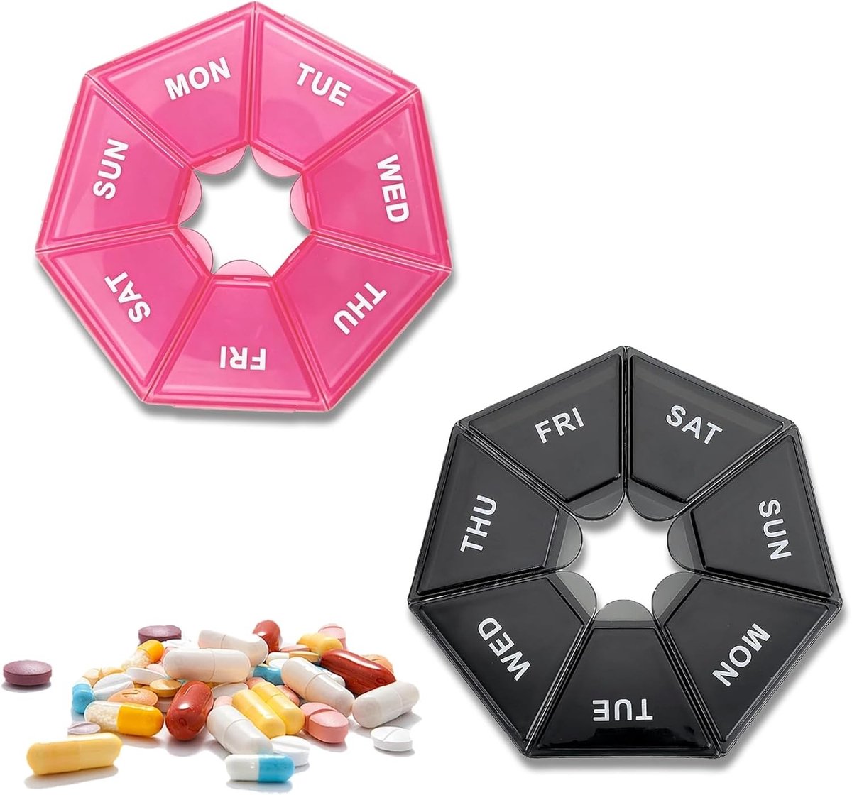 Wekelijkse pillendoos voor 7 dagen, handige vitaminesupplement organizer, draagbare medicijnopberger voor reizen in roze en zwart