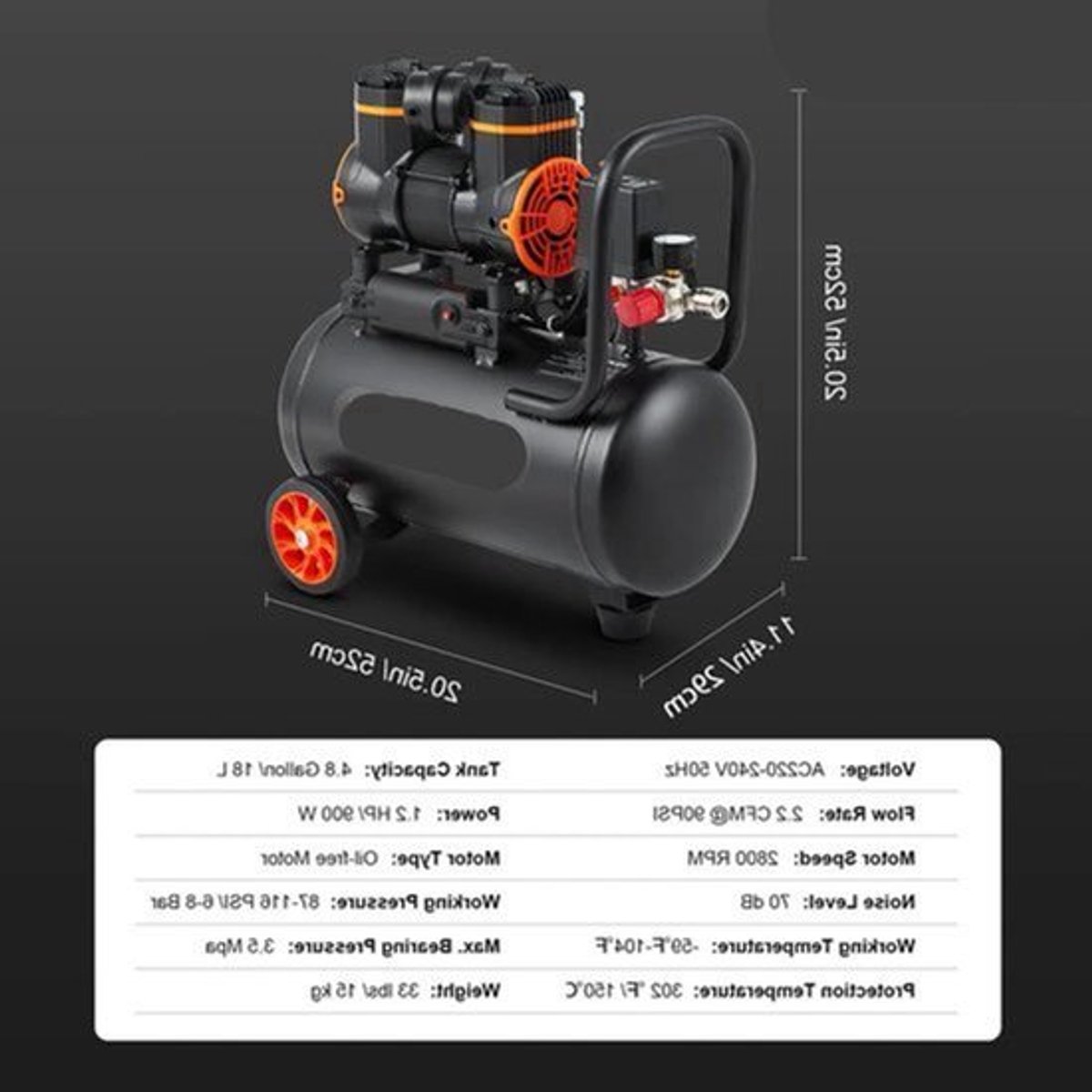 Stille Olievrije Luchtcompressor - Luchtcompressor - Luchtcompressor Bandenpomp - 70dB Geluidsarm - 4,8 Gallon - Draagbare - voor Banden - Spuitwerk - Gereedschap