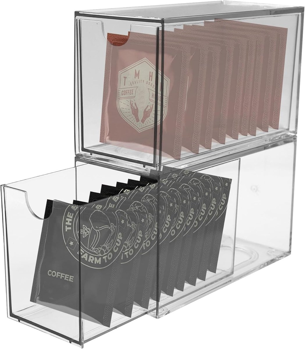 Stackbare Thee Organizers en Opbergdozen, Transparante Theezakjes Houder, Multifunctionele Thee Box voor Keuken, Woonkamer en Kantoor (2 Stuks)