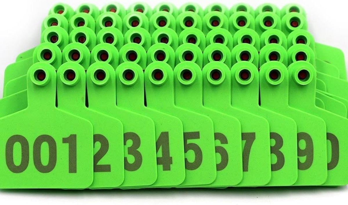 Genummerde Identificatietags voor Runderen, Schapen, Varkens en Geiten - Dierenlabel voor Boerderijgebruik (001-100, Groen)