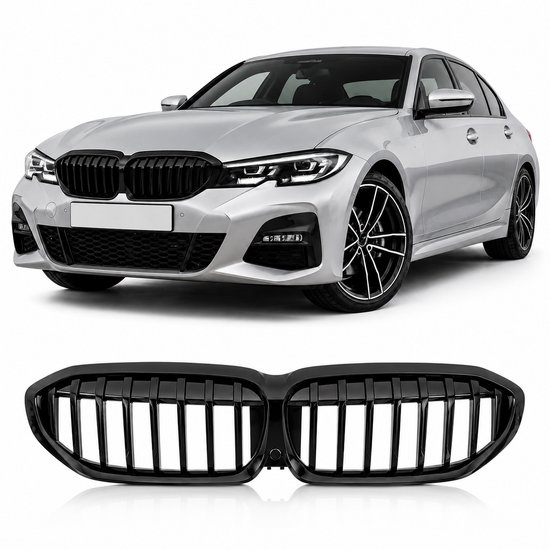 Glanszwarte grille voor BMW 3 Serie G20 G21 2018-2022. De grille is sportief met verticale spijlen.