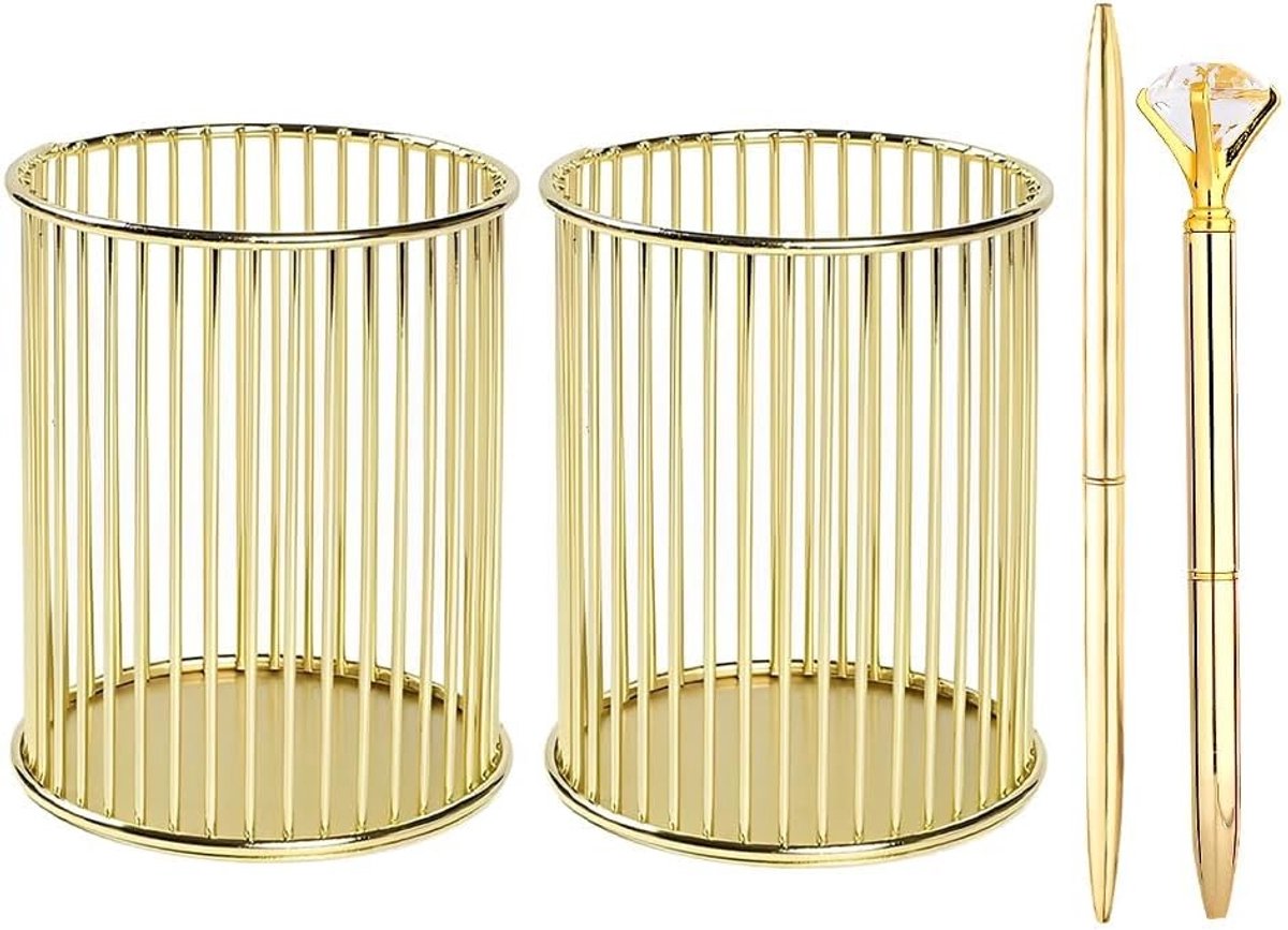 Set van 2 metalen pennenhouders, ronde gaas desk organizer, make-up borstelhouder voor kantoor, thuis en school in goudkleur