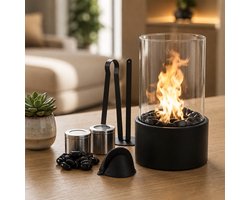 UrbanWave KQ-001 Bio-ethanol Tafelhaard – Zwart – Met Gehard Glas, Sierstenen en 2 Branders – Ø14 x…