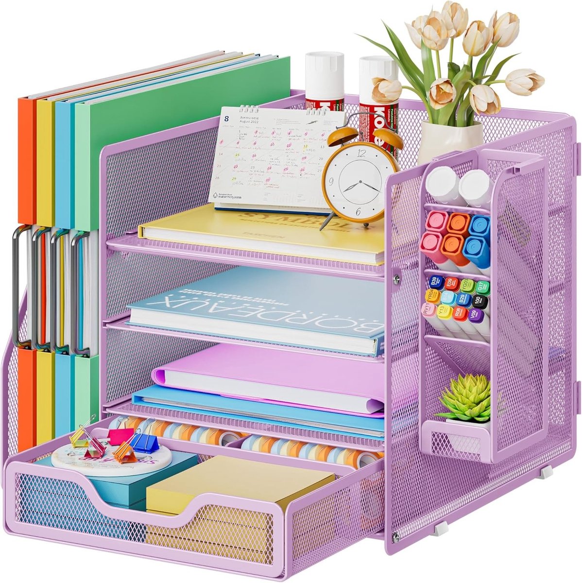 Multifunctionele Desk Organizer met 4 Lagen, Documenthouder en Pennenhouder voor Thuis, Kantoor en School in Paars