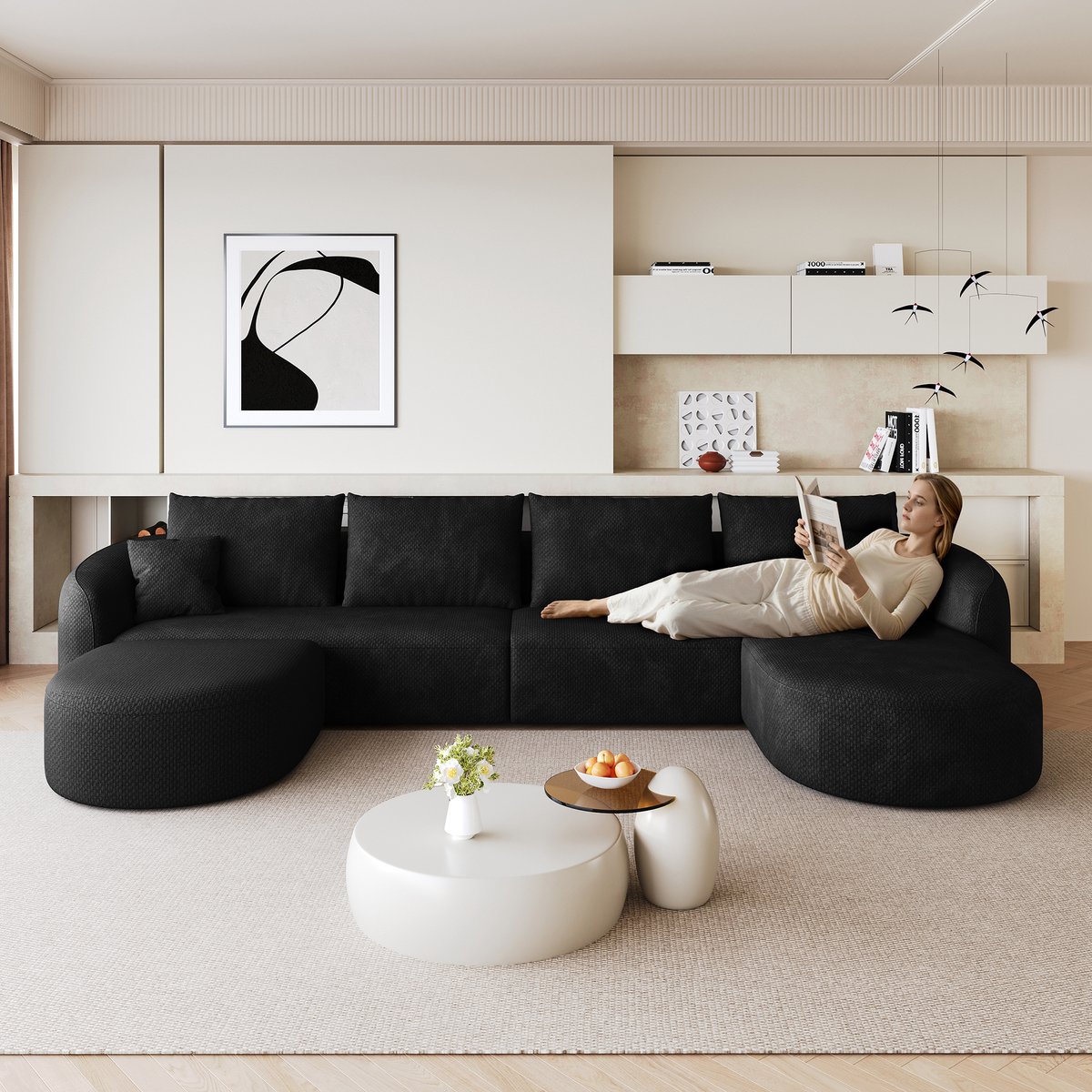 REDOM - Bank - U-bank - Modulair - Zonder montage - Chenille stof - Woonkamer, slaapkamer en appartement - Zwart - 336 x 168 x 85 cm