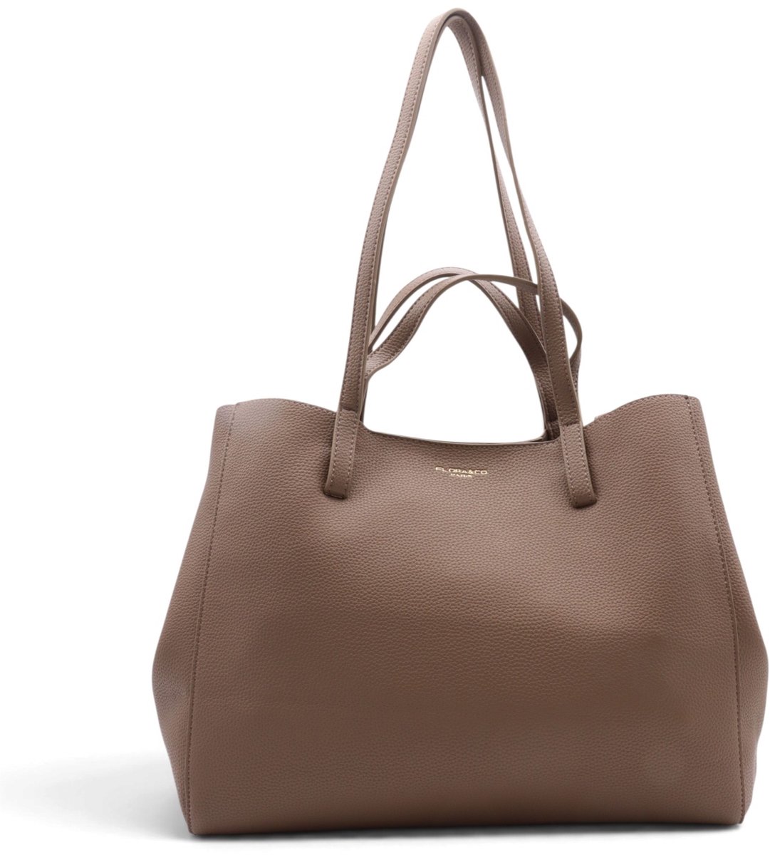 Flora&Co - MARY - generfd kunstleer - grote handtas/tote bag met groot hoofdvak - taupe - geschikt voor A4 - ideaal voor school- of werktas
