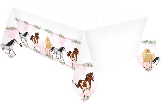 Tafelkleed met een roze achtergrond, versierd met rennende paarden en bloemenranden.