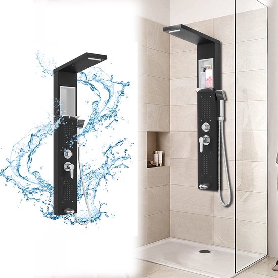 Zwart douchepaneel met douchekop, handdouche, watervaluitloop, verstelbare jets, opbergplank en kraan.