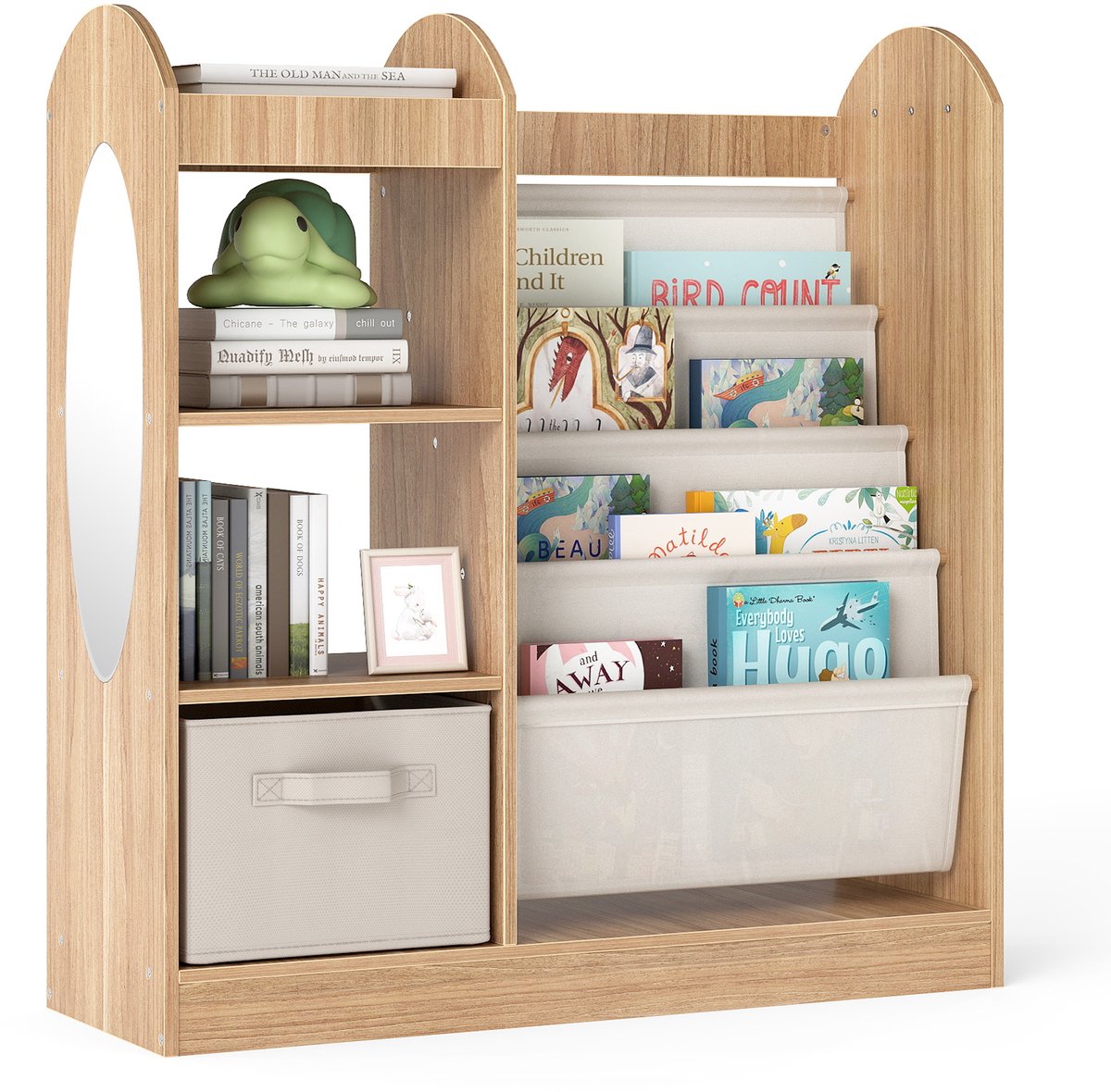 COSTWAY Boekenkast voor kinderen met spiegel, kinderrek met 4 lagen planken, stoffen lade en 3 haken, krantenstandaard, kinderboekenkast voor kinderkamer, speelkamer, 87,5 x 30 x 90 cm (natuur)