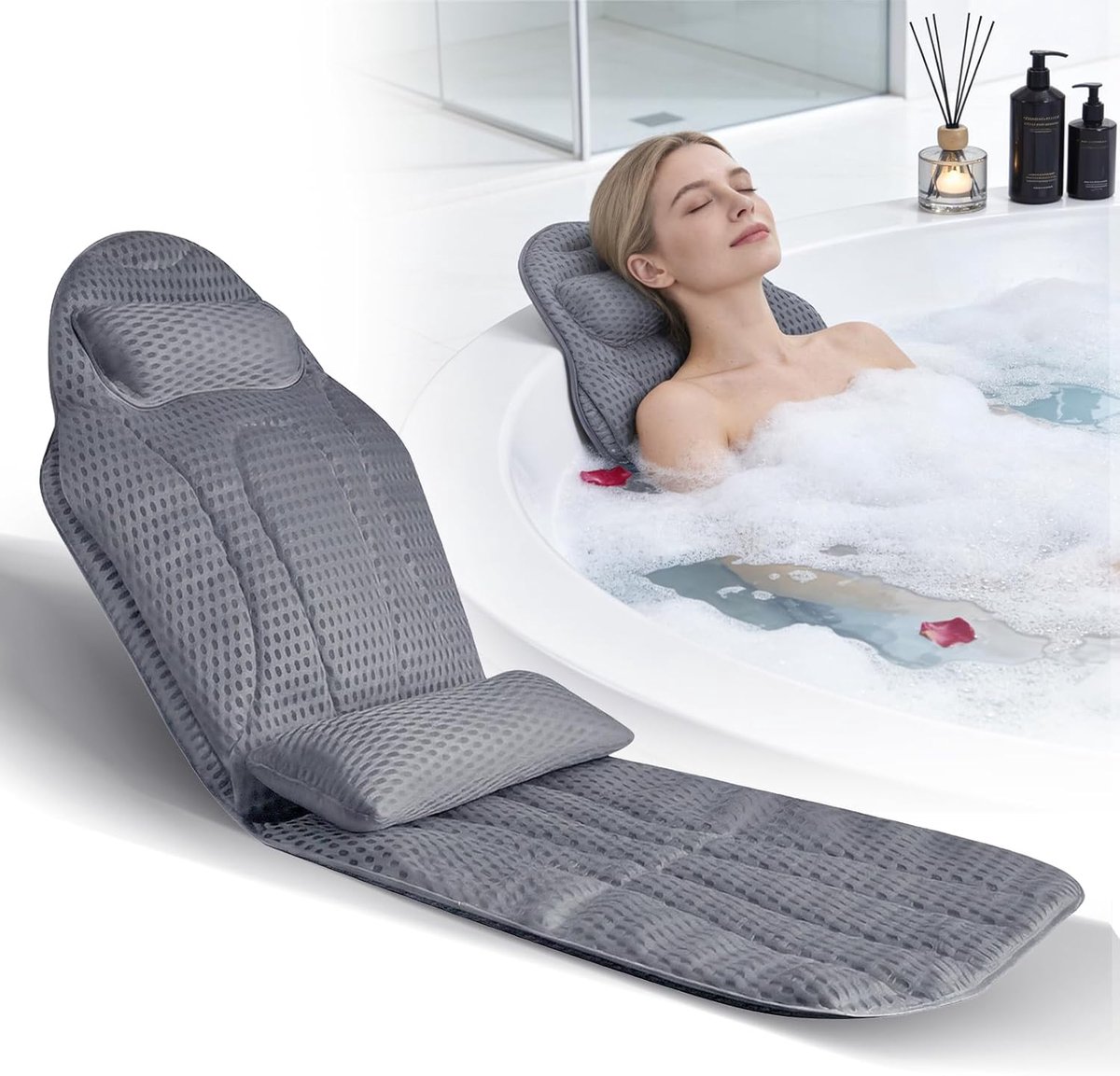 Badkussen, full body set met lumbale kussen, 142 x 48 cm, zachte 5D mesh badbank met zuignappen en hoofdsteun - ShopVlot