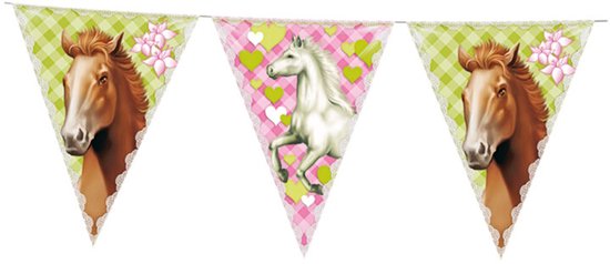 Driehoekige slinger met paardenhoofden aan de zijkanten en een wit paard in het midden op een roze ruitpatroon met bloemen.