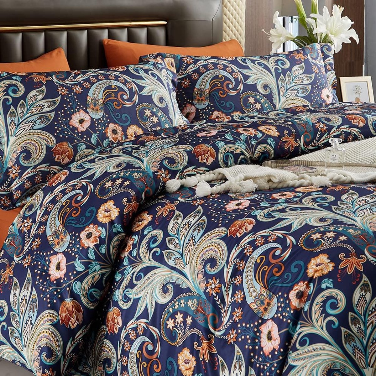 Lanqinglv Boho beddengoed, 135 x 200 cm, 2-delig, Boheems grijs, kleurrijk, Indiase paisley mandala, omkeerbaar - ShopVlot