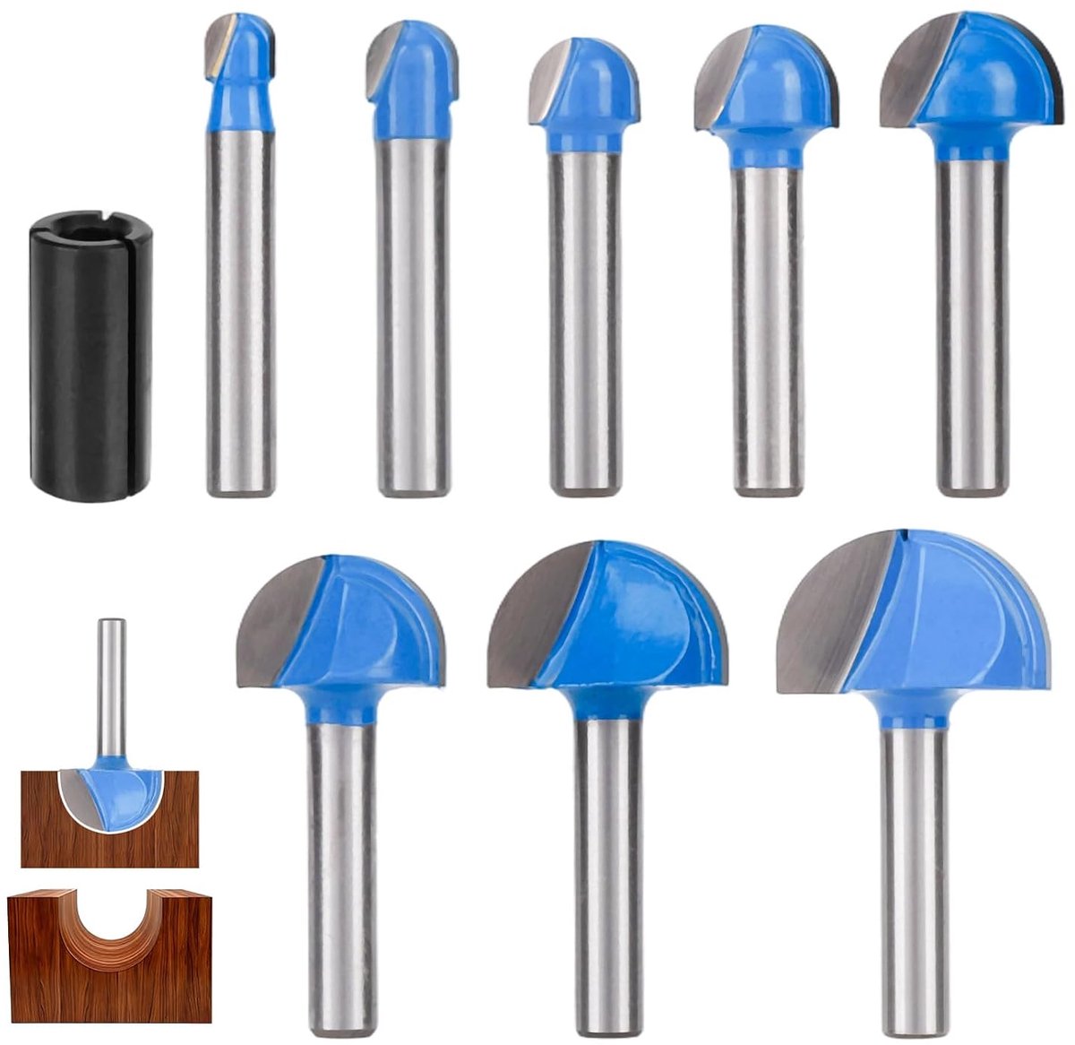 Een 8-delige freesset, inclusief frezen met een schacht van 1/4 inch, roterende frezen met schachtadapters en snijgereedschappen met diameters van 1/4 inch tot 1 inch.