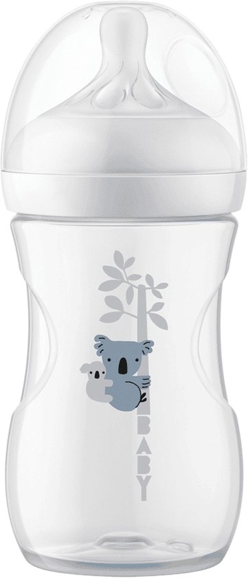 Transparante babyfles van 260 ml met grijze koala-opdruk en "BABY"-tekst. Speen met 3-standen.