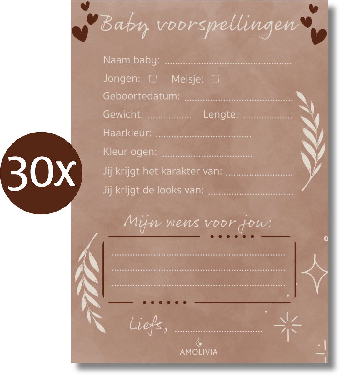 Amolivia Babyshower Invulkaarten - 30 stuks - Beige - Voorspellingskaarten - Babyshower Spelletjes