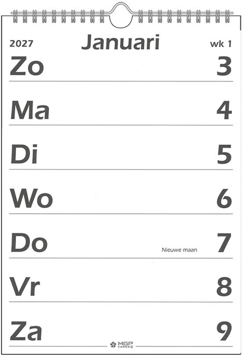 MGPcards - Grootletter kalender 2027 - Week begint op zondag - Formaat: 21 x 34 cm