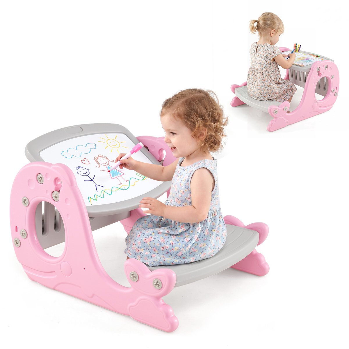 COSTWAY 4-in-1 Kinderezel met Bank & Whiteboard (Roze)