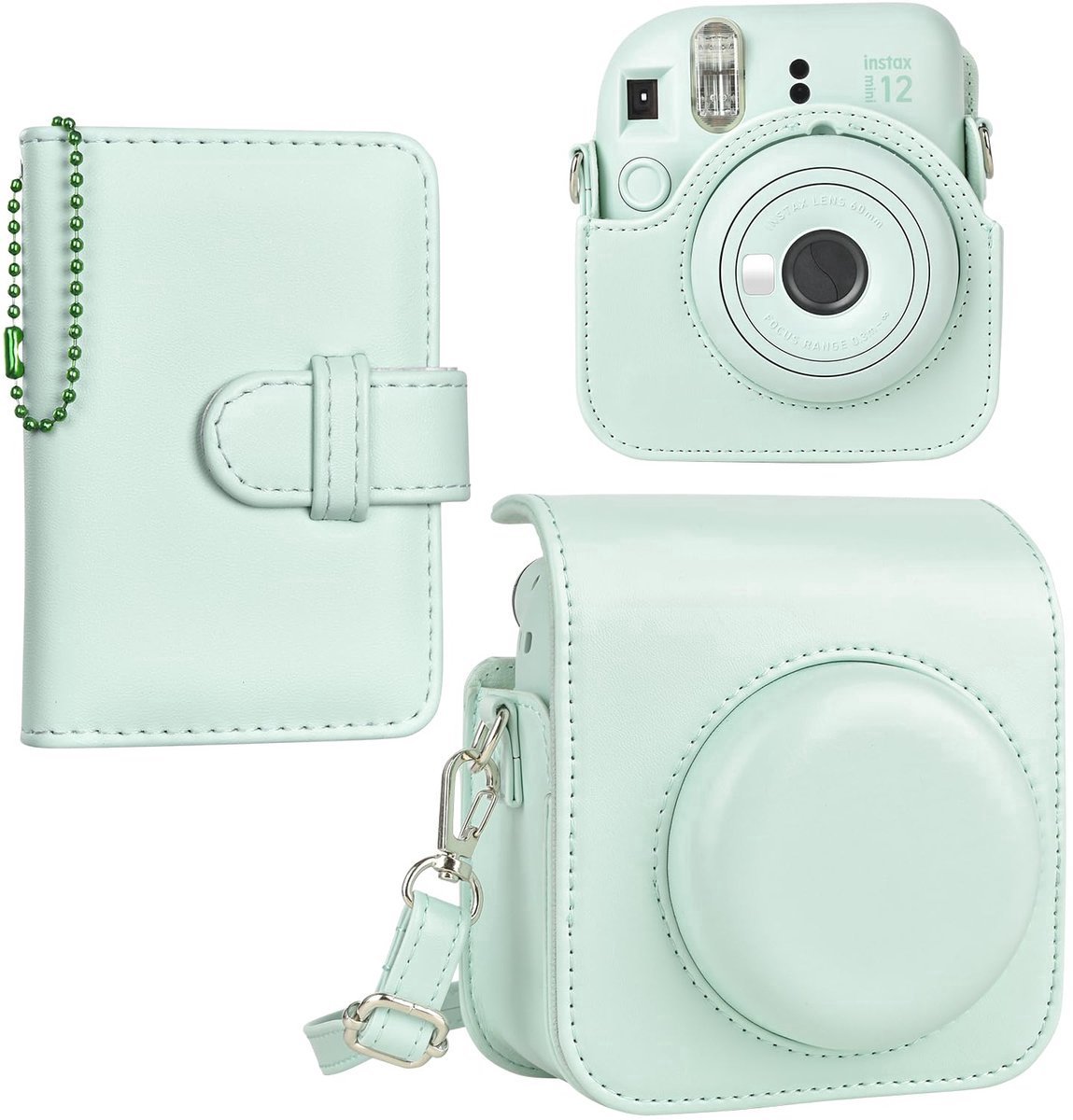 Beschermend leren hoesje geschikt voor Fujifilm Instax Mini 12 Instant Camera - Geschikt voor Instax Mini 12 Case en Mini Fotoalbum - Accessoires Set - Cameratas - Groen