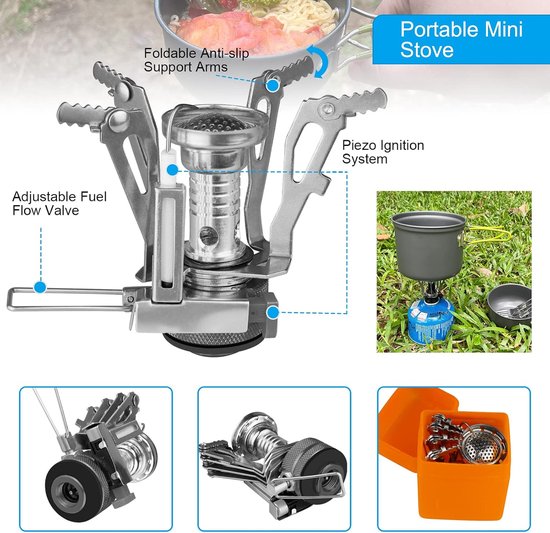 Kampeer Kookset - Buiten Kookgerei - Outdoor Koken - Inclusief Gasfornuis - 9 Delig - Grijs — afbeelding 5