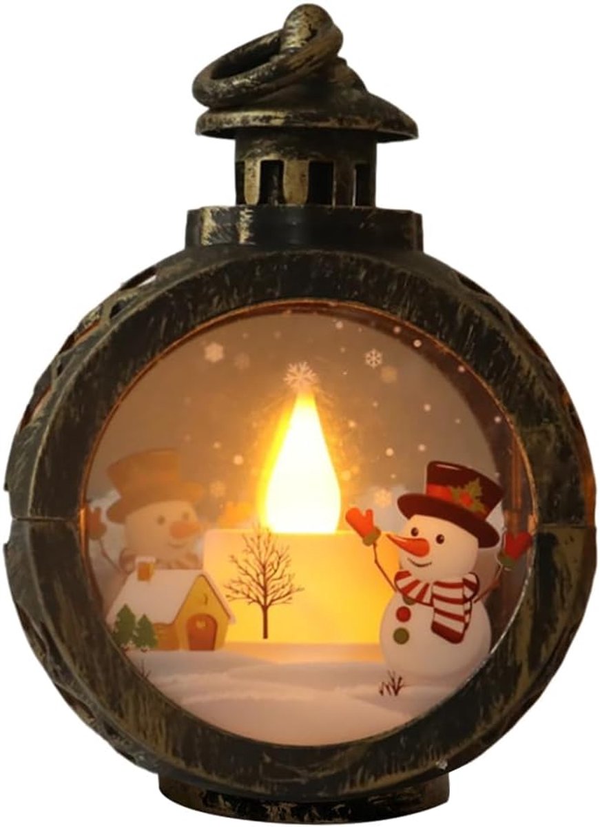 Kerstman LED Mini Kerstlantaarn Hanglamp - Kerstlantaarn Decoratie - Kerstman Sneeuwpop Vintage Kerstdecoratie - Hangende en Tafeldecoratie voor de Vakantie - Perfect voor Kindervakantiecadeaus en Woondecoratie Buiten en Binnen - Bronzen Sneeuwpop