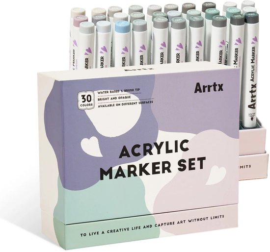 Doos met 30 Arrtx acrylmarkers in grijstinten, opengewerkt, met markers binnenin en ernaast.