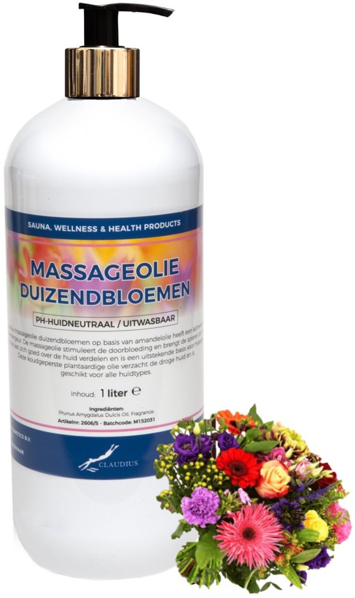 Massageolie Duizendbloemen 1 liter met gouden pomp - 100% natuurlijk - biologisch en koud geperst