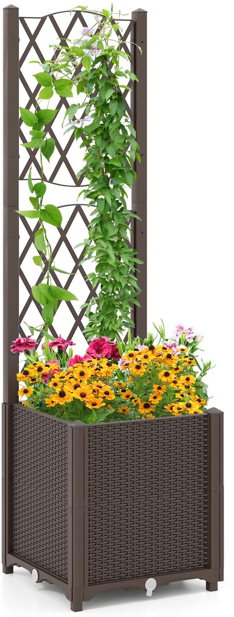 COSTWAY Bloembak met rankrooster, plantenbak voor klimplanten, verhoogd bed met latwerk, bloempot voor tuin, binnenplaats, balkon, tuinlatwerk, rankkast met zelfbewatering, 40 x 40 x 122 cm