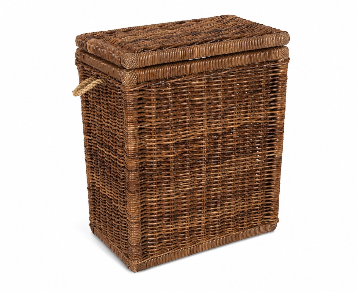 Hoge Rotan Opbergmand - Antiek - 60x37xH70 cm - Mand met Deksel - Rechthoek - Jute Handvatten