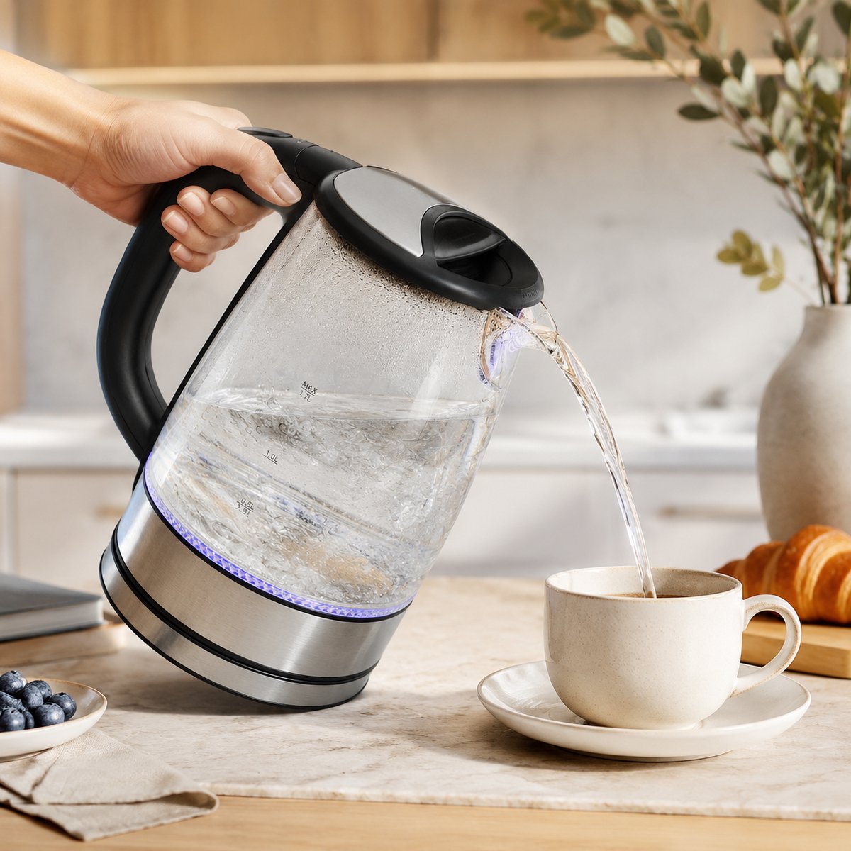 Fameilleur Elektrische Glazen Waterkoker 1,7 Liter 2200 Watt – Multicolor Water Koker met Blauwe LED-Verlichting – Transparante Snelle Heetwaterkoker, Theeketel en Ketel voor Kokend Water, Thee, Koffie, Cup-a-Soup, Keuken,, Kantoor en Huishouden –