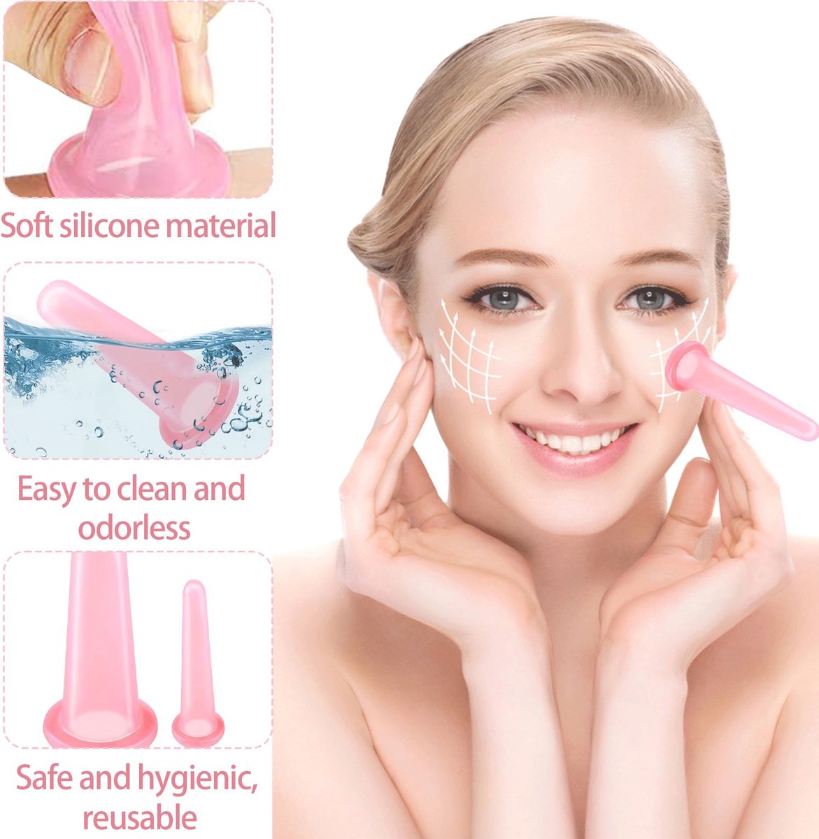 Jidyllic Gezichtscupping-set, 4 stuks siliconen gezichtscupping-set voor gezicht, anti-cellulitis, stimulator - ShopVlot
