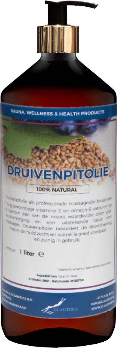 Druivenpitolie 1 liter met gouden pomp - amber fles - 100% natuurlijk - biologisch en koud geperst - grapeseed oil