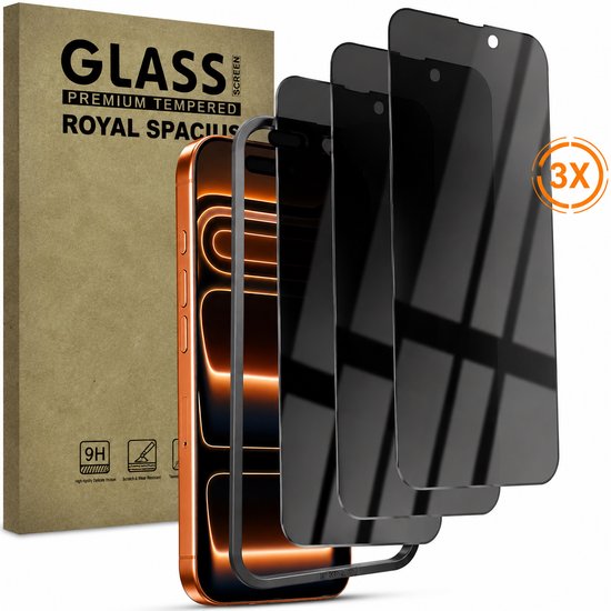 3x privacy screenprotectors van GLASS PREMIUM TEMPERED ROYAL SPACCIUS voor de iPhone 17 Pro, naast de telefoon.