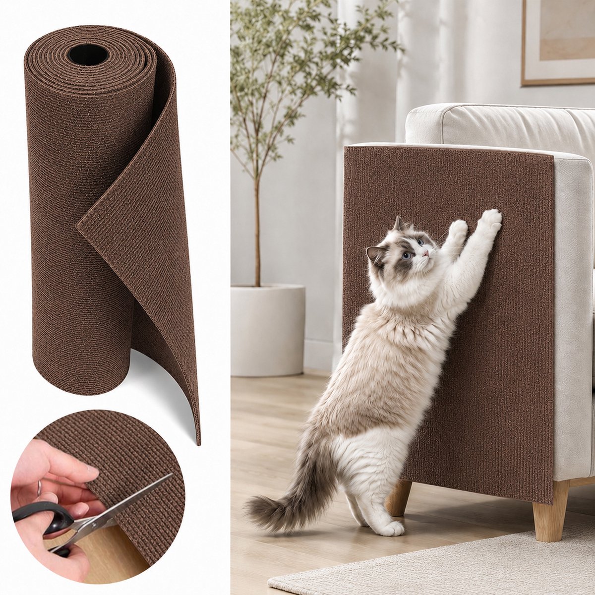 Kattenkrabmat -Zelfklevende Kattenkrabmat 300x40cm - XXL Meubelbeschermer voor Bank en Muur -Op maat te snijden krabmat voor katten- DIY Krabpaal Bekleding - Slijtvast Vilt voor Katten -Bruin