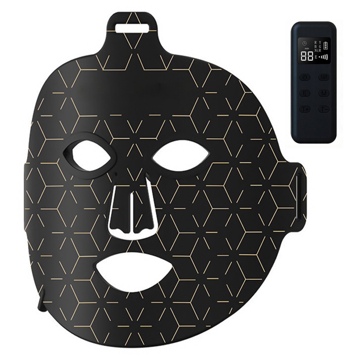 LED-gezichtsmasker – Nekbescherming – Schoonheidsmasker – Maskerapparaat voor thuis – Rood en blauw LED-gezichtsmasker – Anti-aging – Fotoverjonging – Rimpelvermindering – Oplaadbare afstandsbediening – 327*210*5,8 mm – 15 W – Zwart en goud