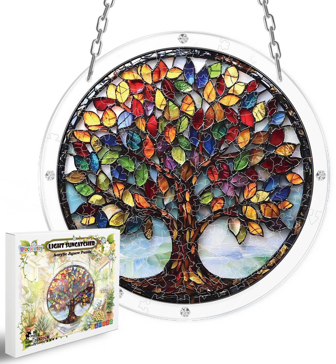 Casalora Acryl Puzzel Levensboom - Zonnevanger met Glas-in-Loodlook, Raamdecoratie - 20*20cm – 82 Stukjes