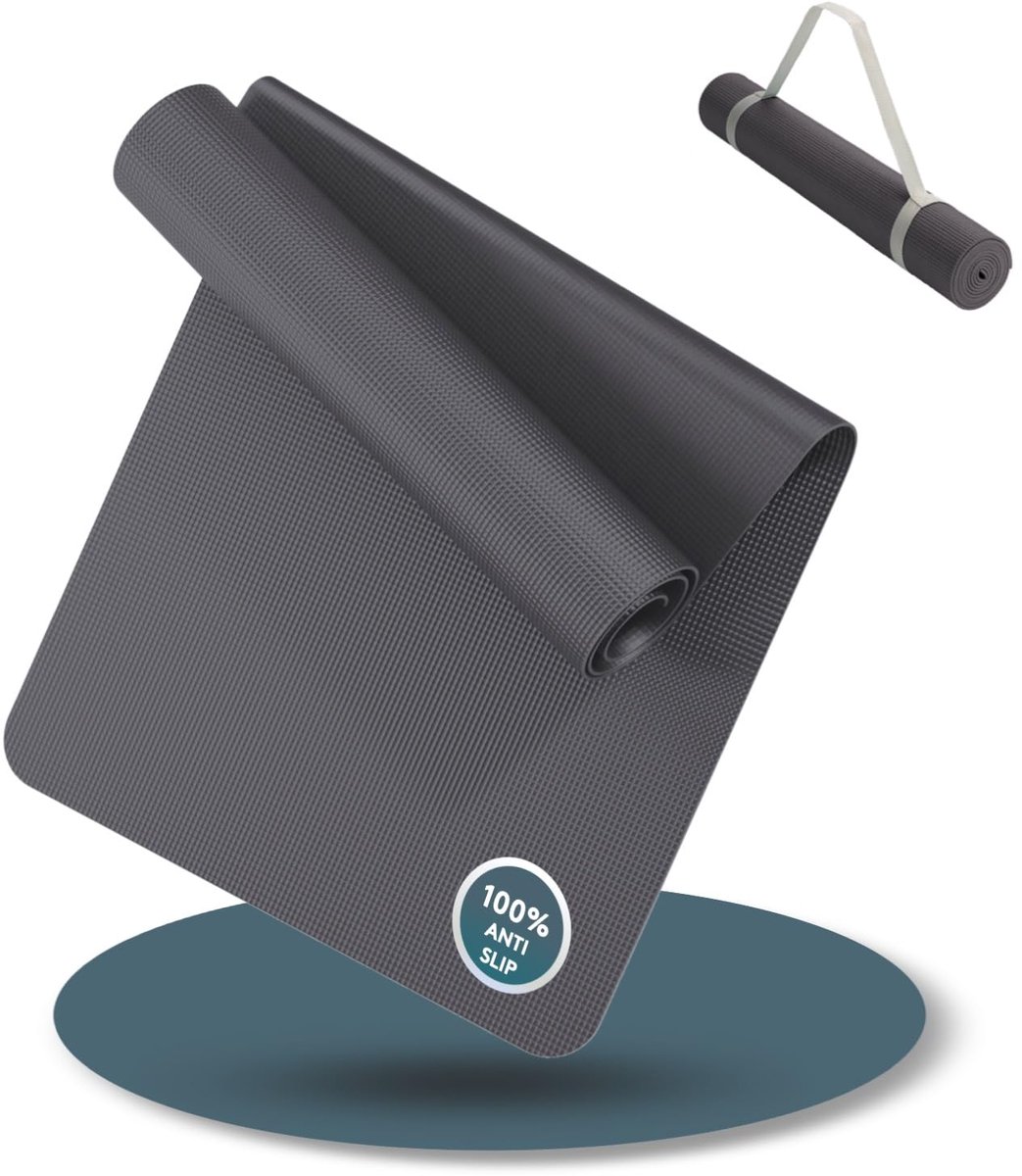LILENO SPORTS Yoga Mat Antraciet (180x60cm) inclusief Draagriem - Sport- en Yogamat Extra Antislip van 4 mm Dikte - ShopVlot