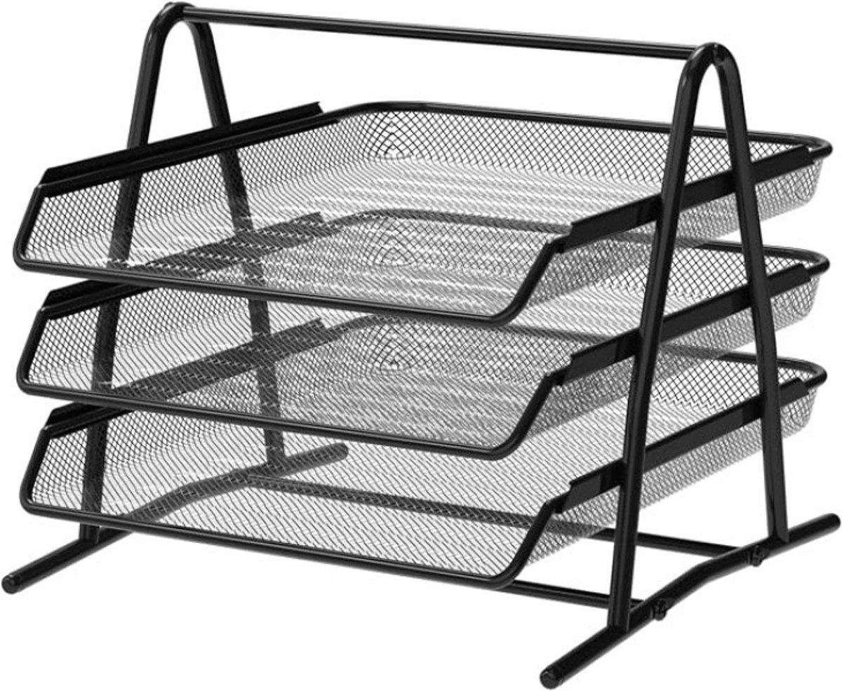 PolkaHome Brievenbak en Bureau-organizer, 3 Niveaus, Metaalgaas, Zwart - Bureau-archiefsysteem en Dossierhouder voor A4-vellen, Post, Brieven en Mappen, 35,5 x 29,7 x 26 cm