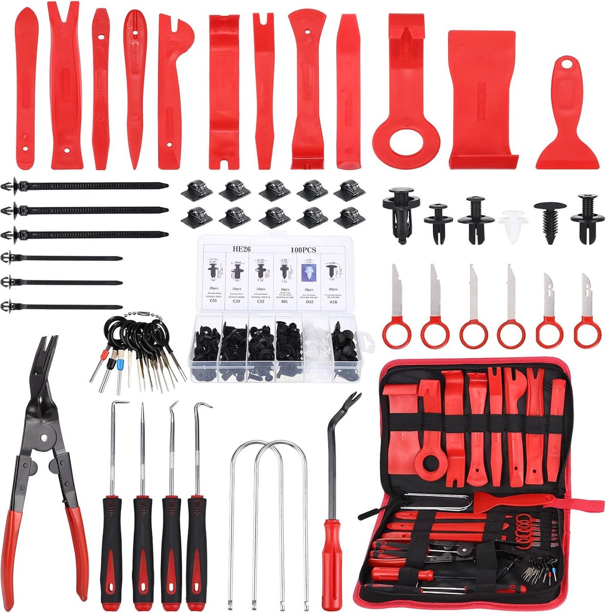 Auto verwijderen Tool, 158 stuk Trim wiggen Trim Tool met auto bevestiging clips, Nylon Automotive hendel gereedschap voor verwijdering auto deur trim en panelen (rood)
