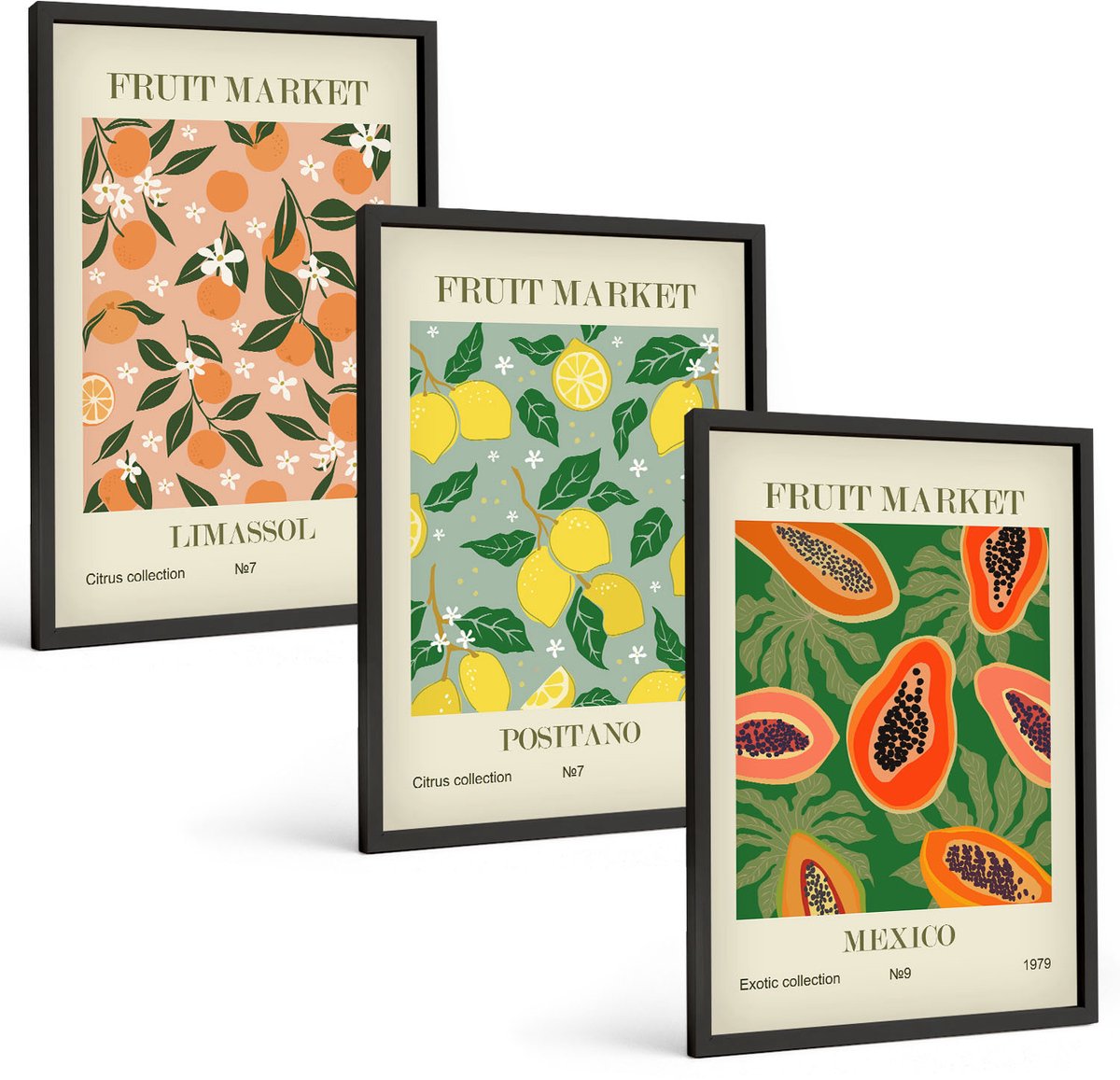 Coloray 3-Delige Schilderij Set - Citrus- En Tropische Vruchten In Retrostijl - 40 x 60 cm - Wanddecoratie - Muurdecoratie - Woonkamer - Decoratieve Schilderijen