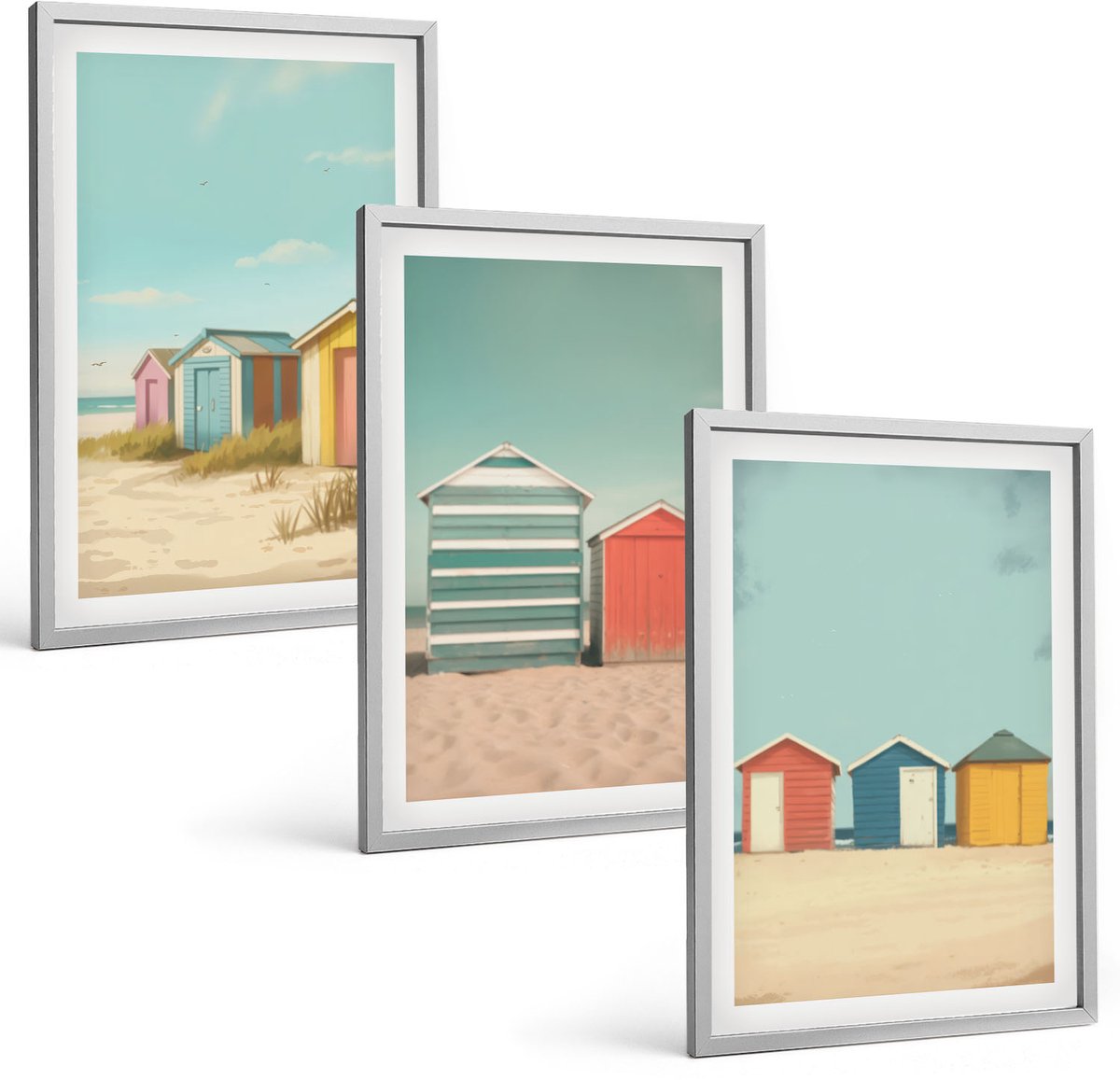 Coloray 3-Delige Schilderij Set - Kleurrijke Strandhuisjes In De Zomerzon - 40 x 60 cm - Decoratieve Schilderijen - Wanddecoratie - Hal