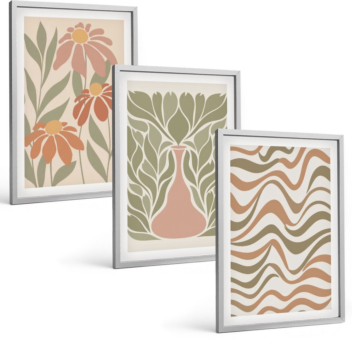 Coloray 3-Delige Schilderij Set - Pastelkleurige Bloemenillustraties Met Golvende Abstracte Lijnen - 40 x 60 cm - Muurdecoratie - Decoratieve Schilderijen - Wohnzimmer - Woonkamer Decoratie