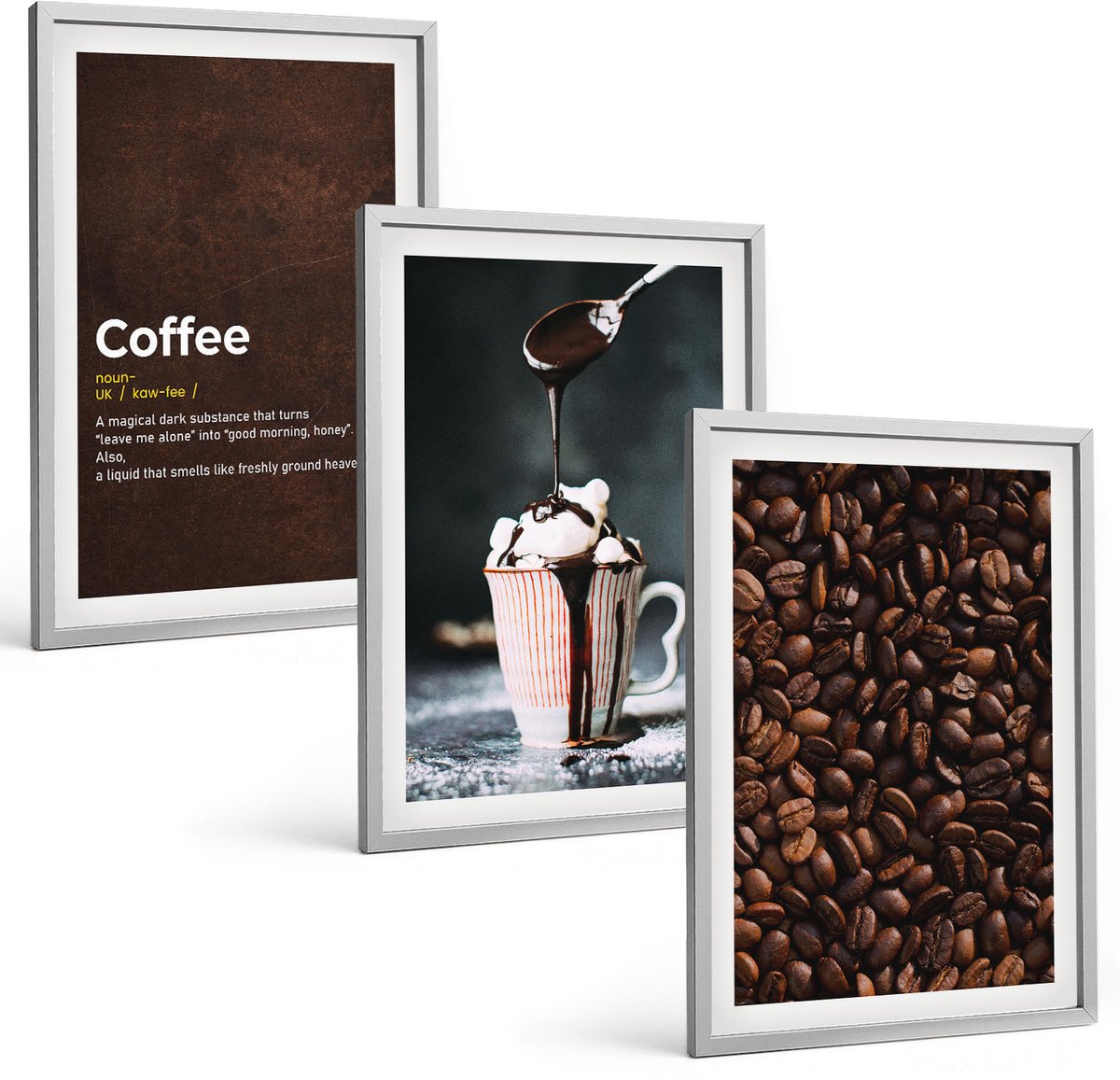 Coloray 3-Delige Schilderij Set - Definitie Van Een Drankje Met Slagroom En Koffiebonen - 40 x 60 cm - Wanddecoratie - Moderne Interieurdecoratie - Muurdecoratie