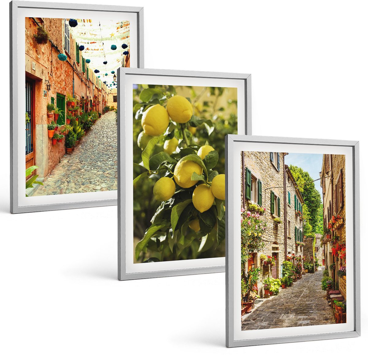 Coloray 3-Delige Schilderij Set - Sfeervolle Straatjes Met Bloemen En Citroenen Op De Achtergrond. - 40 x 60 cm - Wanddecoratie - Muurdecoratie - Woonkamer - Woonkamer Decoratie
