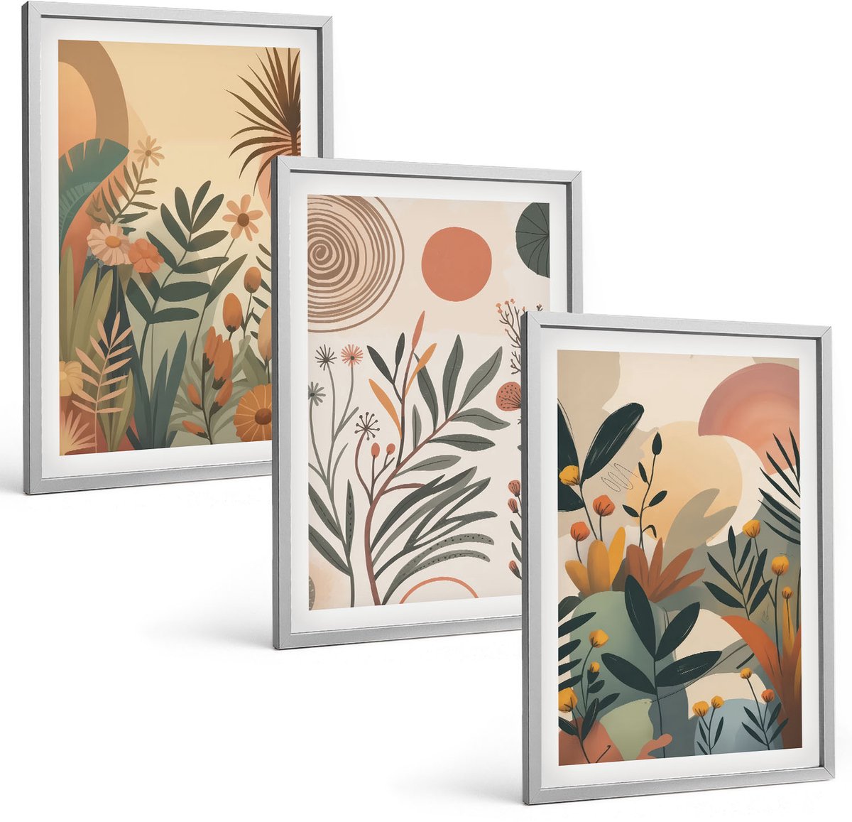 Coloray 3-Delige Schilderij Set - Plantmotieven In Gedempte Kleuren Met Cirkels. - 40 x 60 cm - Moderne Wanddecoratie - Slaapkamer - Interieur Decoratie