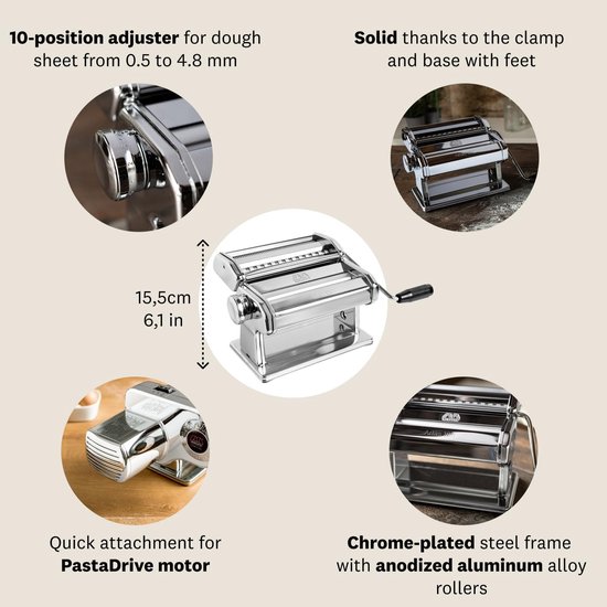 Handmatige Pastamachine - Deegmaker Keuken - Verse Pasta Maken - 10 Deegdiktes - 180 mm Breed - Zilver — afbeelding 4
