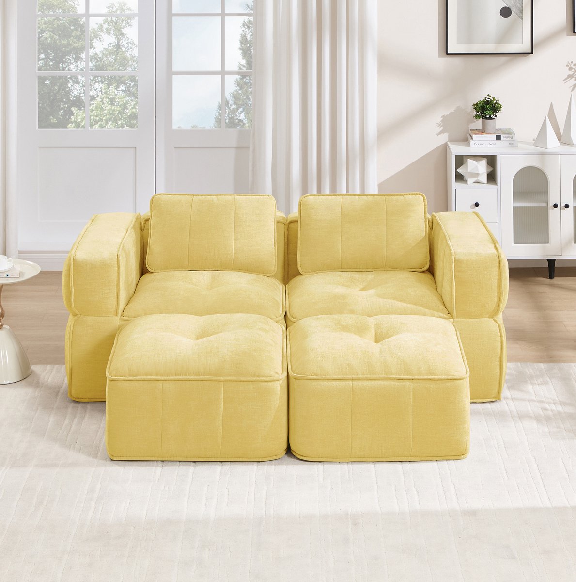 REDOM - Modulaire 2-zits bank - Met twee hockers - Brede armleuningen - Polyester bekleding - Geel - 198 x 162 x 67 cm