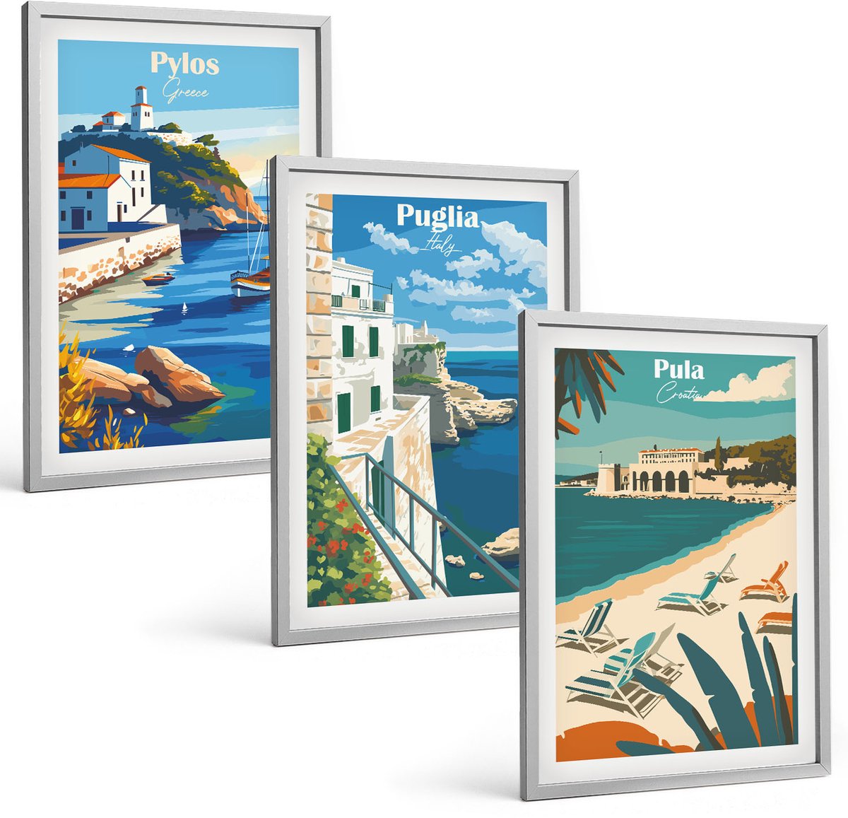 Coloray 3-Delige Schilderij Set - Schilderachtige Kustlandschappen Uit Toeristische Landen - 40 x 60 cm - Muurdecoratie - Interieur Decoratie - Moderne Wanddecoratie