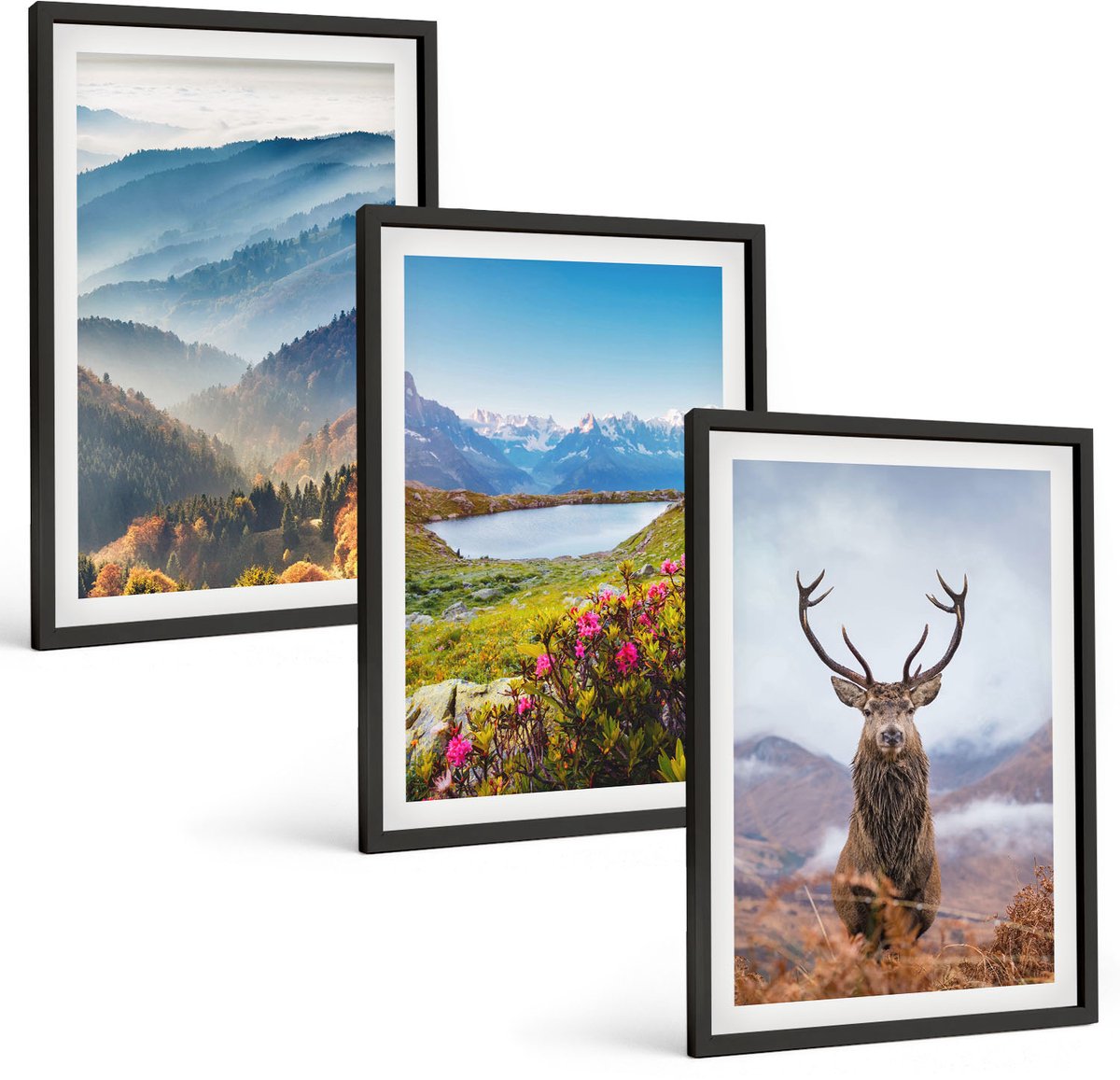 Coloray 3-Delige Schilderij Set - Berglandschappen Met Meer En Herten In De Natuur - 40 x 60 cm - Muurdecoratie - Schilderijen Set - Woonkamer